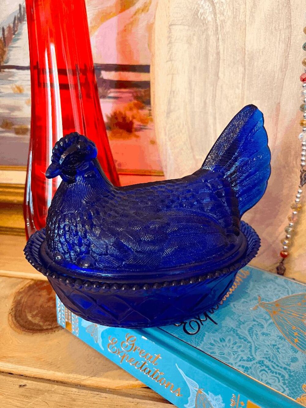 Vintage Cobalt Blue Westmoreland Hen on Nest Covered Dish Large Glass Chicken